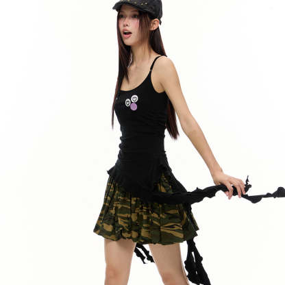 美式復古黑色流蘇飄帶條紋吊帶背心夏季新款辣妹修身顯瘦上衣