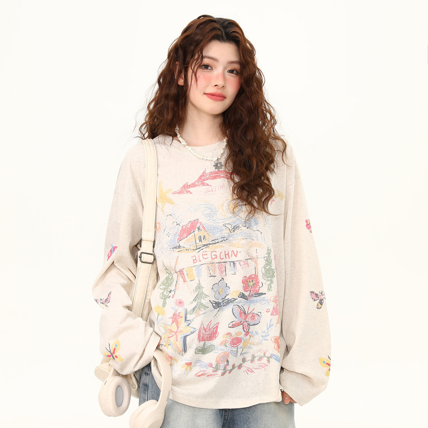 美式復古塗鴉印花長袖T恤女春夏寬鬆慵懶風防曬罩衫上衣