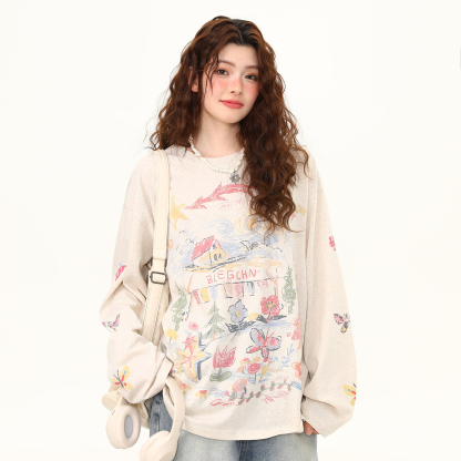 美式復古塗鴉印花長袖T恤女春夏寬鬆慵懶風防曬罩衫上衣