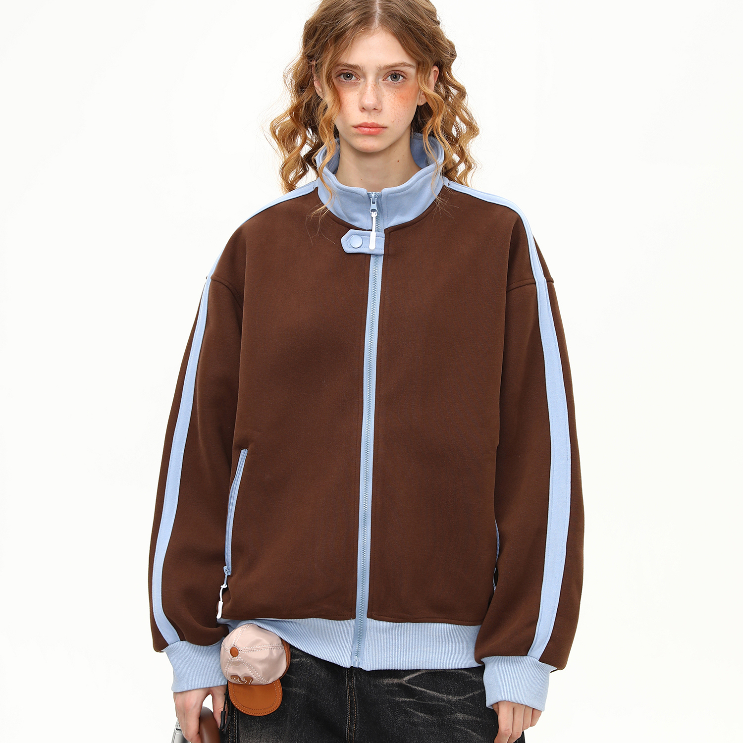 美式復古撞色立領外套女秋季新款拼接設計感衛衣夾克