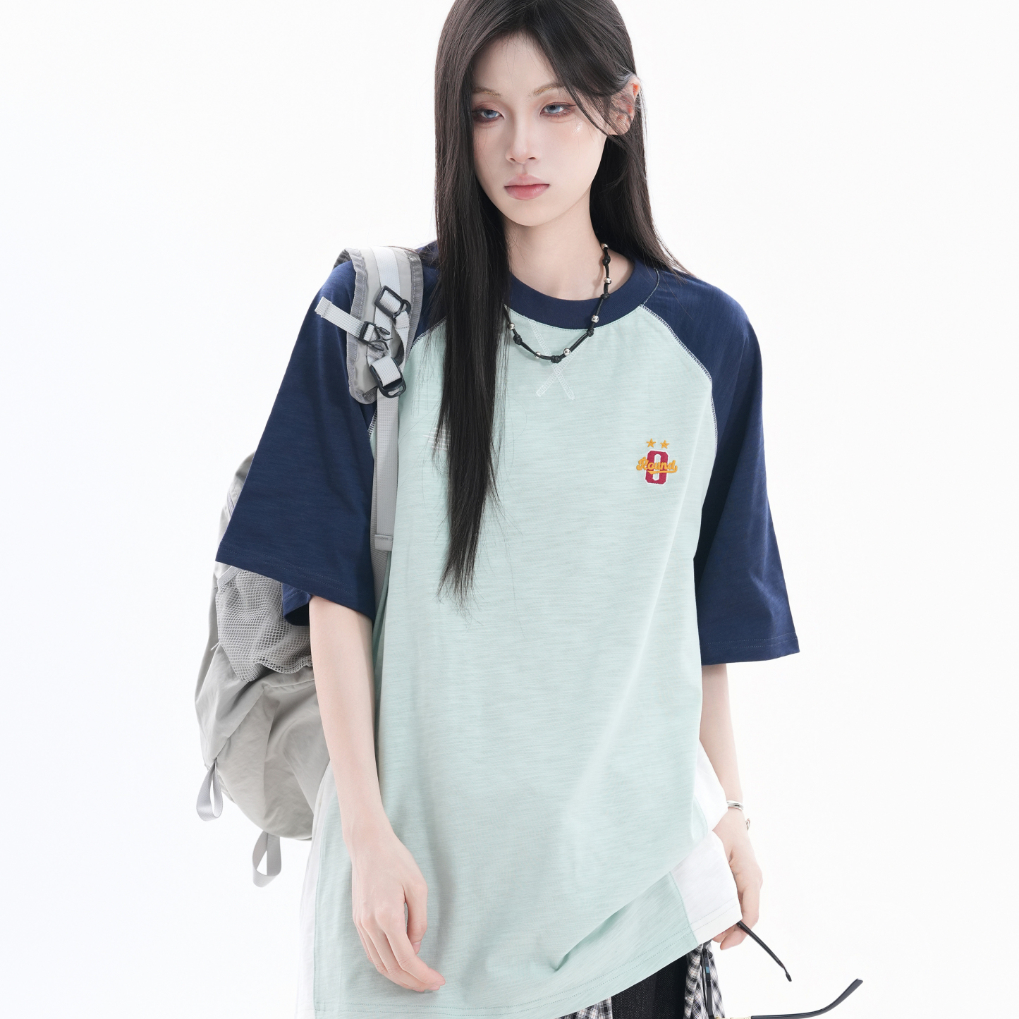 美式鬆弛感純棉半袖T恤女復古刺繡撞色插肩短袖