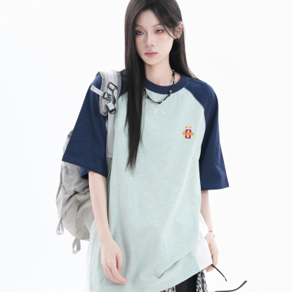 美式鬆弛感純棉半袖T恤女復古刺繡撞色插肩短袖