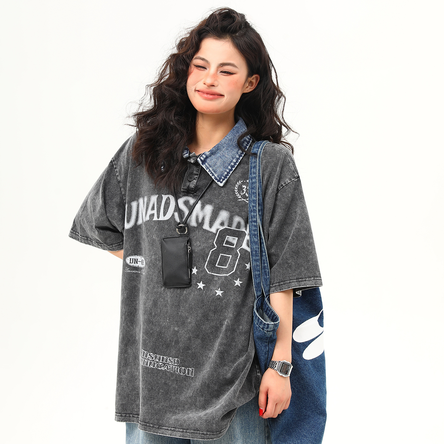 水洗重磅牛仔翻領設計感短袖T恤女夏季美式復古潮牌tee