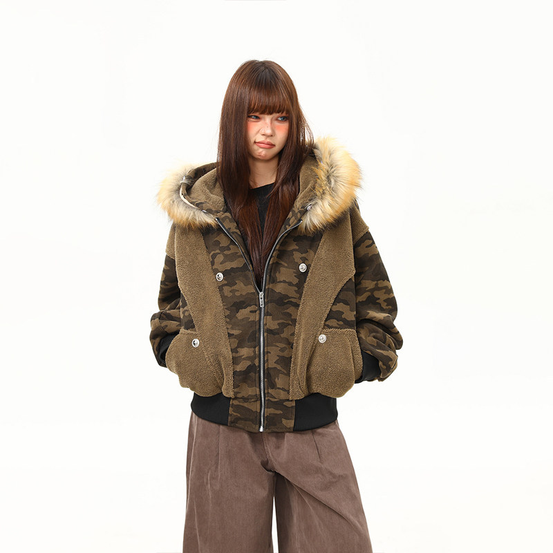 美式街頭迷彩拼接毛領外套女冬季保暖加絨短款棉服棉襖