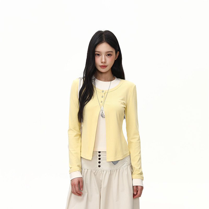 美式復古假兩件正肩長袖T恤女秋季新款修身顯瘦開衫上衣