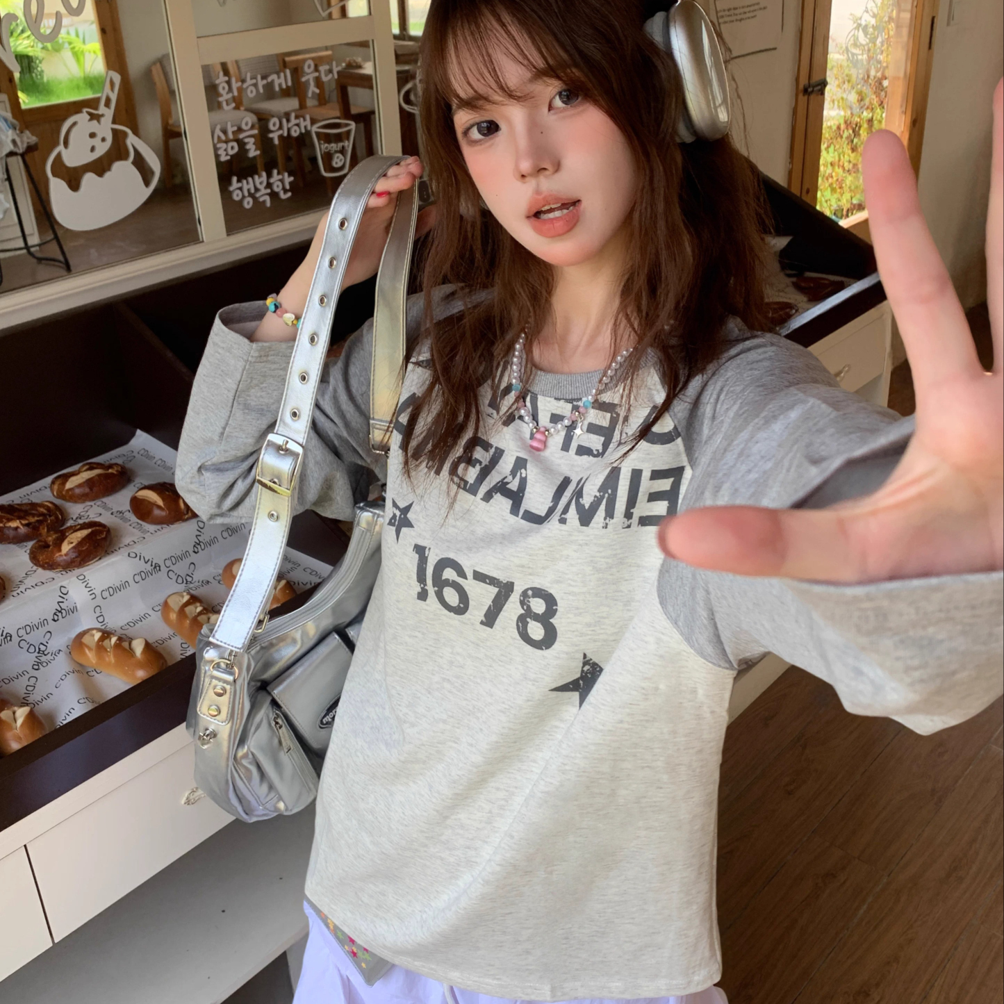 美式復古字母星星拼色上衣T恤女秋季打底寬鬆百搭休閒長袖