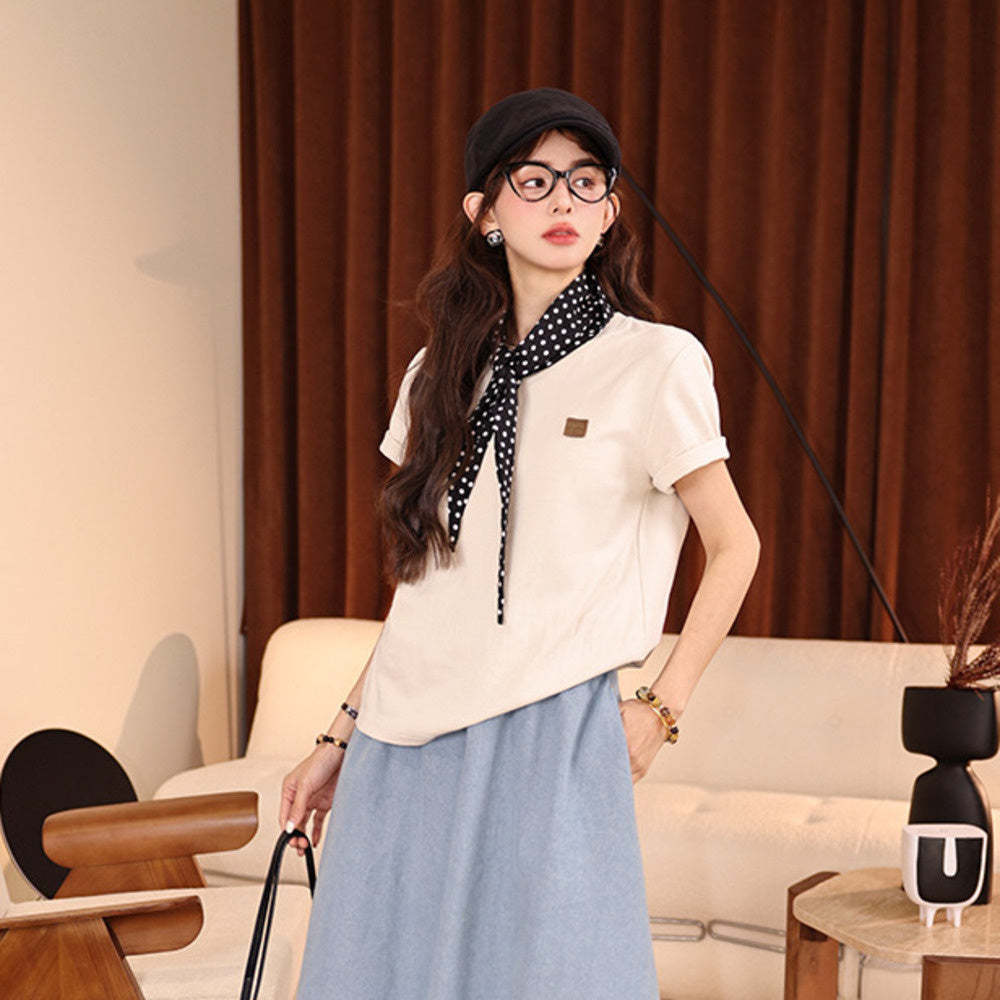 圓領短袖女t恤夏季2025新款寬鬆顯瘦百搭杏色上衣