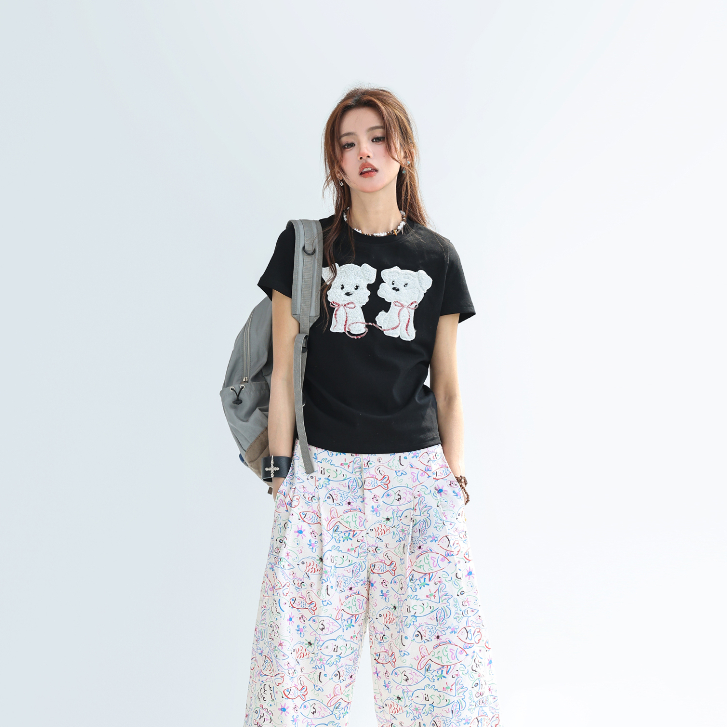 可愛毛茸茸小狗貼布繡短袖t恤女夏正肩顯瘦修身上衣