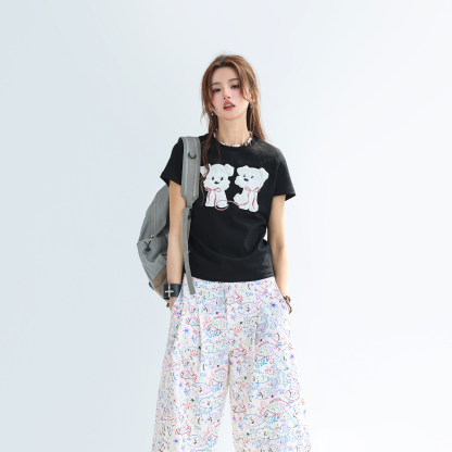 可愛毛茸茸小狗貼布繡短袖t恤女夏正肩顯瘦修身上衣