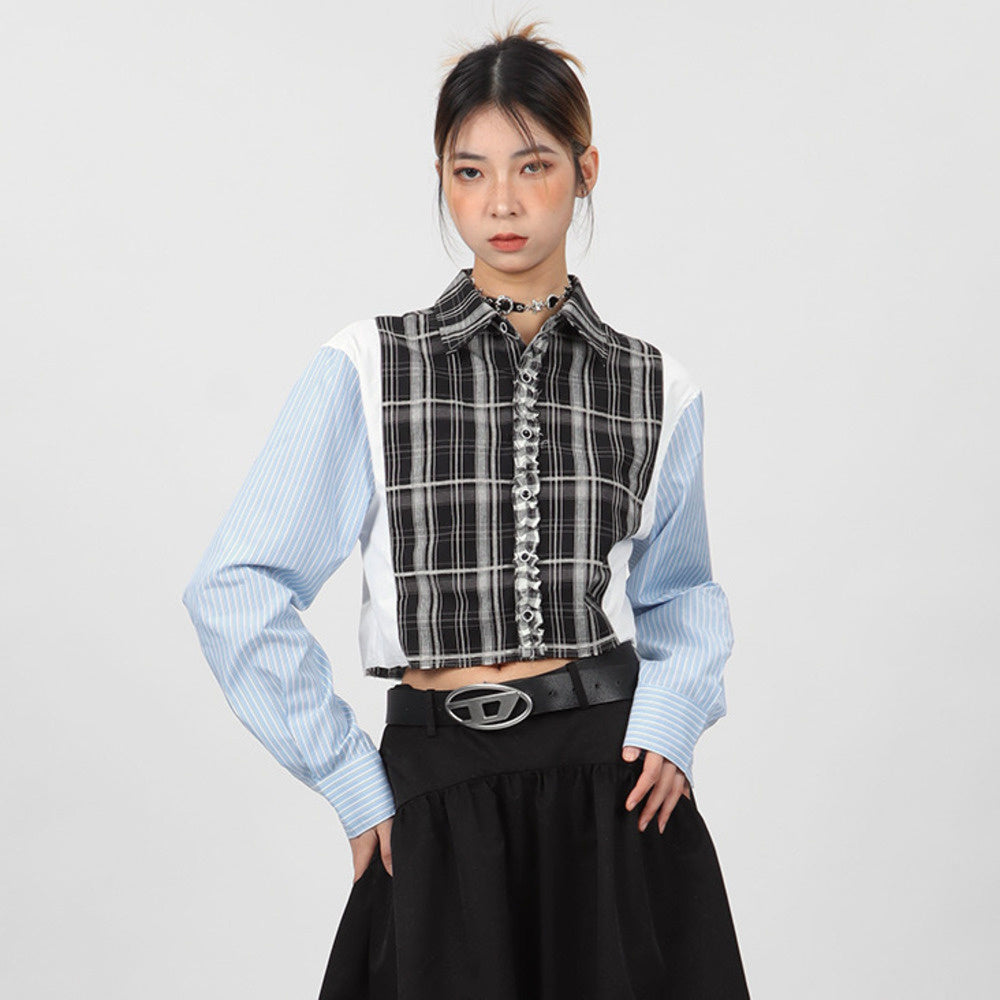 超短款拼接條紋襯衫女小眾設計款春秋長袖外套別致上衣