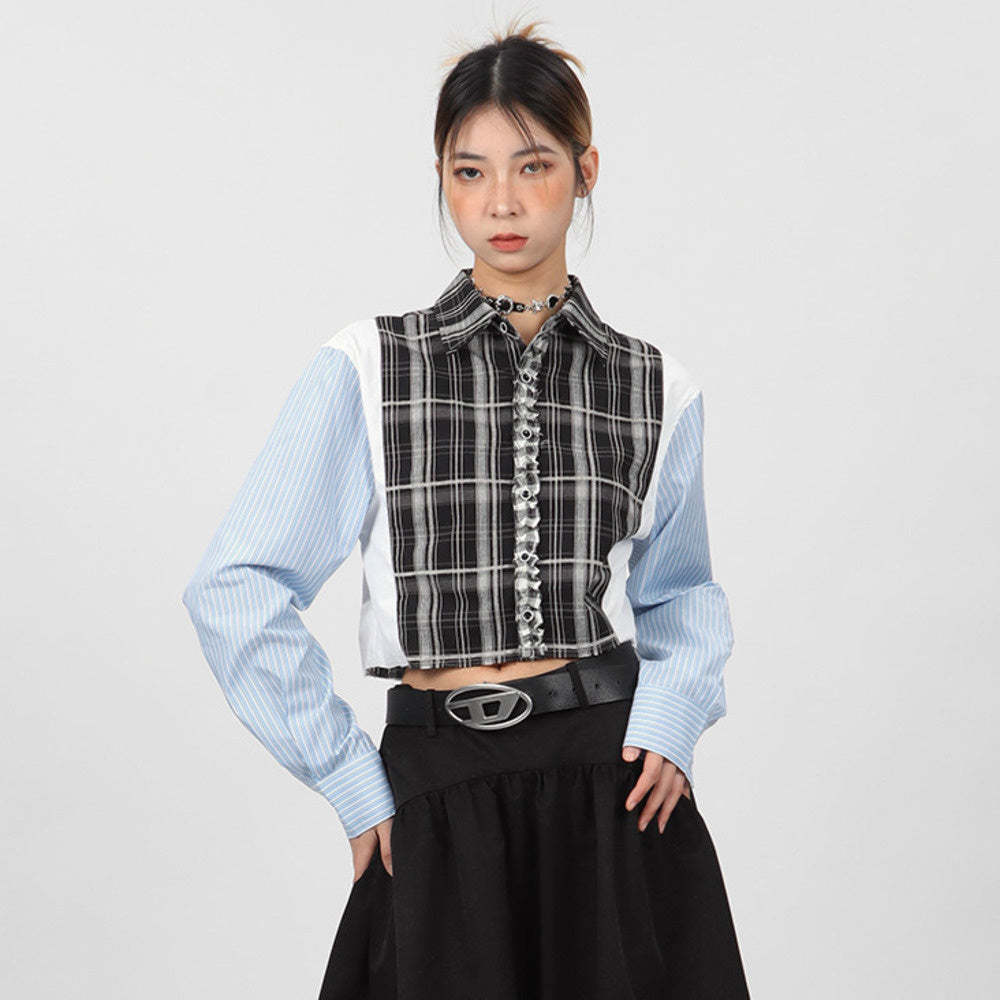 超短款拼接條紋襯衫女小眾設計款春秋長袖外套別致上衣