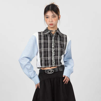 超短款拼接條紋襯衫女小眾設計款春秋長袖外套別致上衣