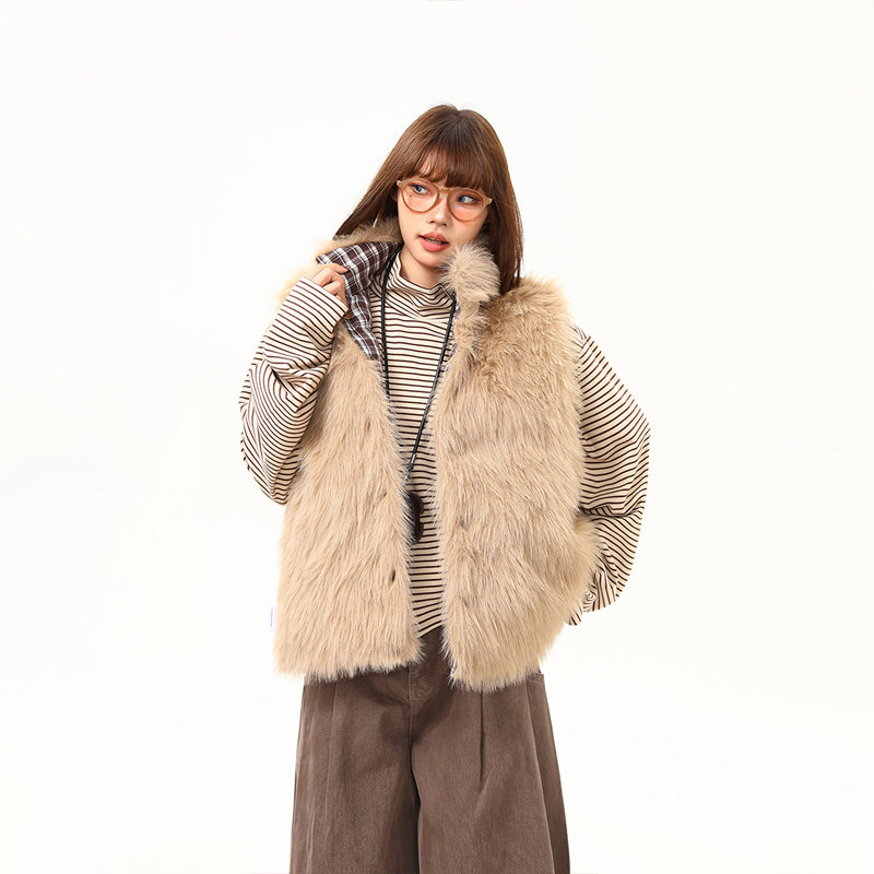 冬季新款毛絨雙面穿格子馬甲外套女高級感無袖棉服外套