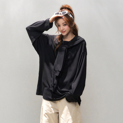 亨利領長袖t恤女早秋韓系慵懶鬆弛感上衣疊穿披肩