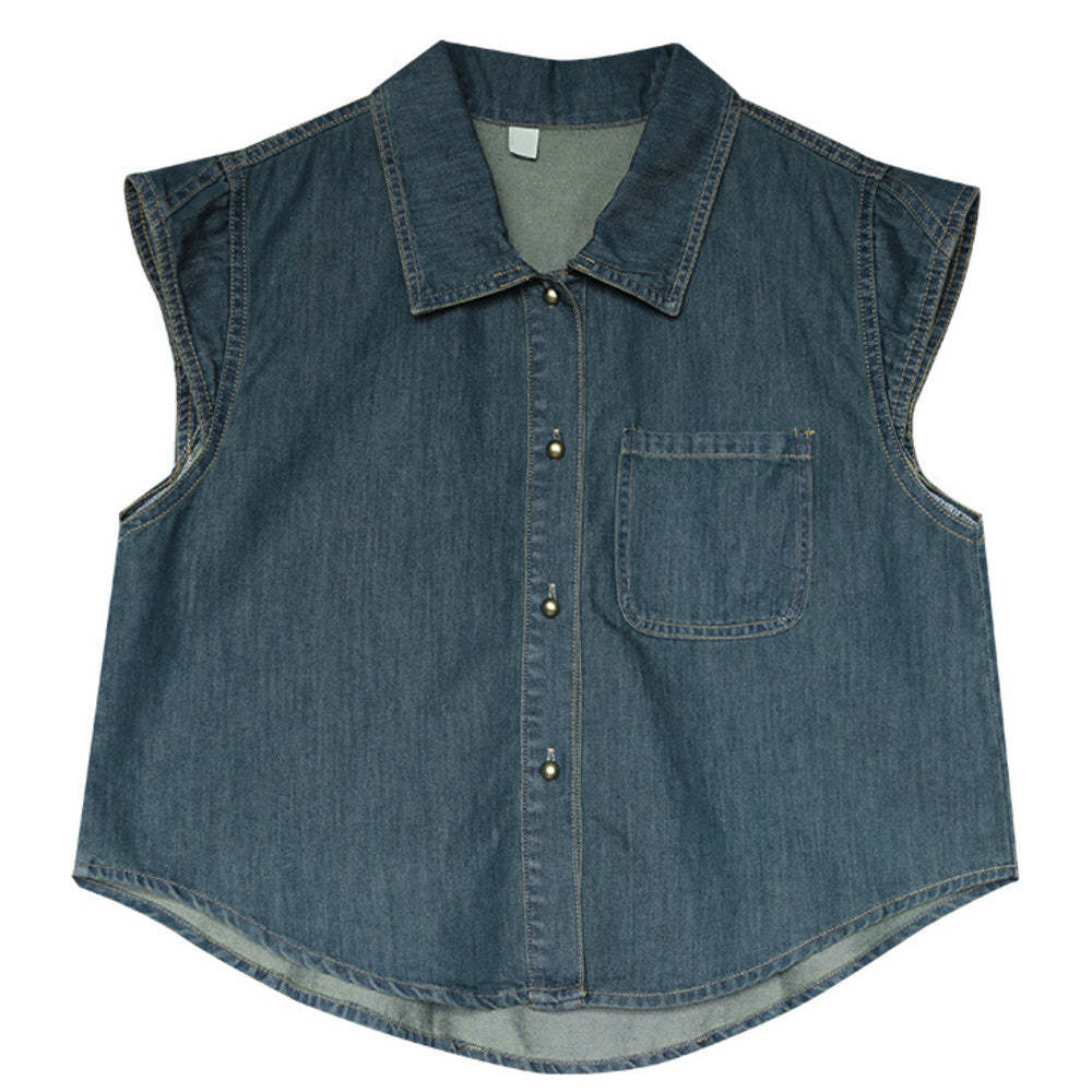 牛仔深藍色百搭簡約氣質復古設計感無袖襯衫女夏季新款時尚上衣