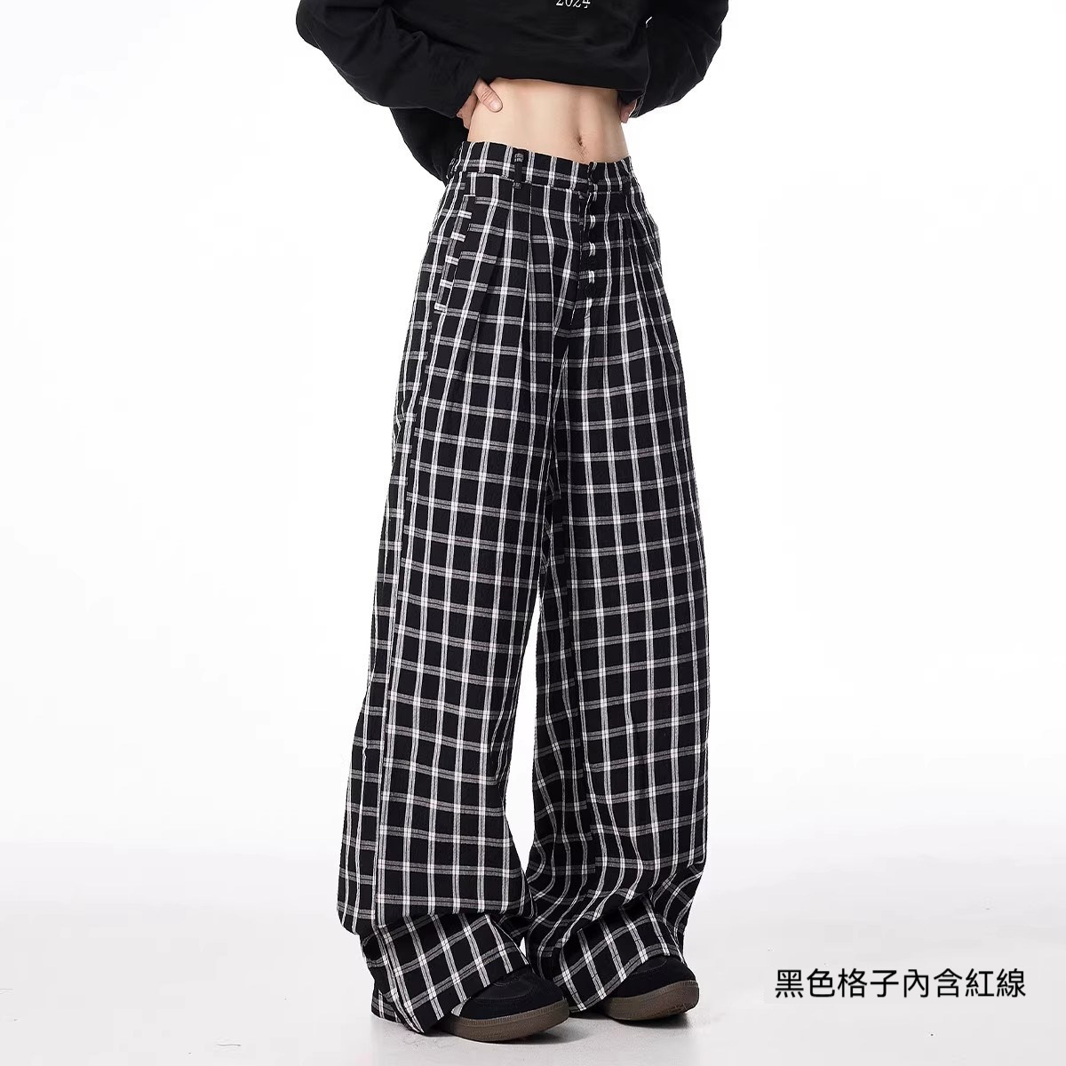 藍格子休閒褲女秋季小眾排扣設計直筒闊腿拖地褲