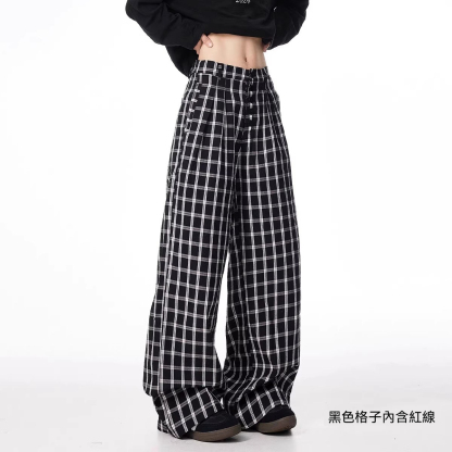 藍格子休閒褲女秋季小眾排扣設計直筒闊腿拖地褲