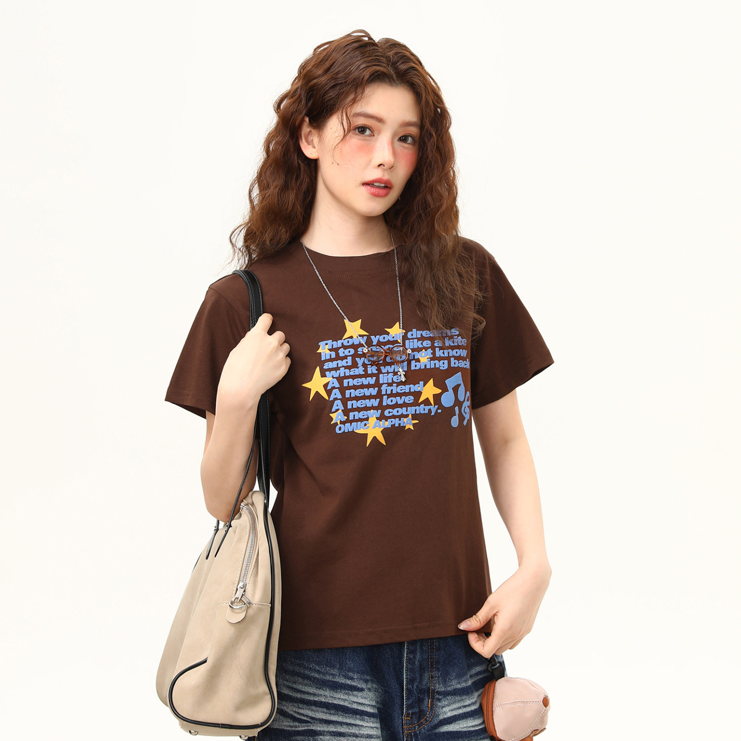 正肩T恤女美式復古發泡字母微寬鬆潮流短袖女