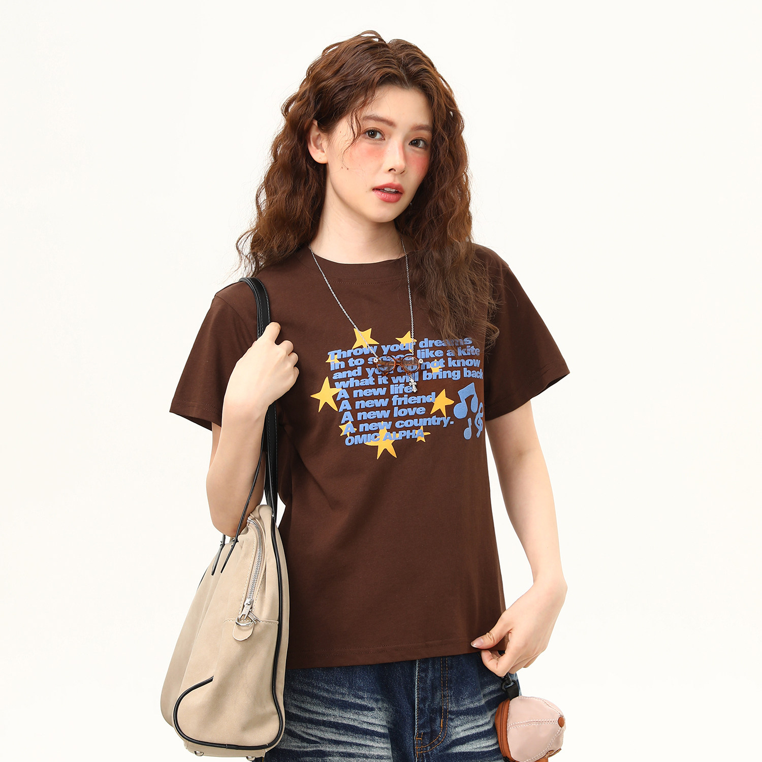 正肩T恤女美式復古發泡字母微寬鬆潮流短袖女