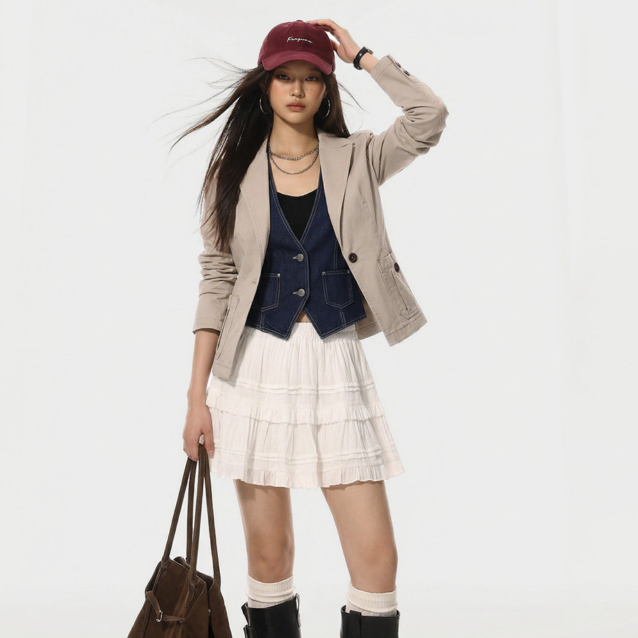 卡其色戧駁領單排扣休閒正肩收腰修身小西裝短夾克外套女士春