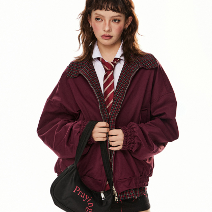 美式復古紅色格子兩面穿外套女早春新款寬鬆翻領工裝夾克上衣