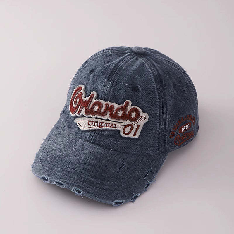 美式水洗復古顯白酒紅色破洞做舊鴨舌帽子女顯臉小寬簷牛仔棒球帽