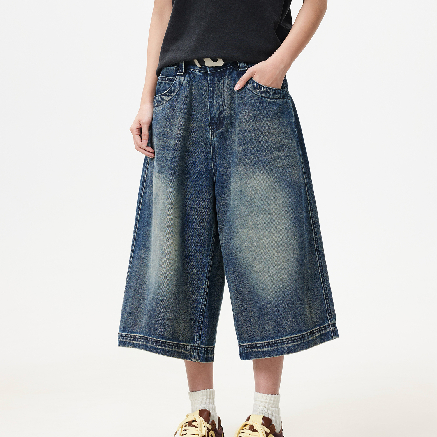 夏季美式復古水洗重磅七分牛仔褲女寬鬆闊腿潮牌短褲子