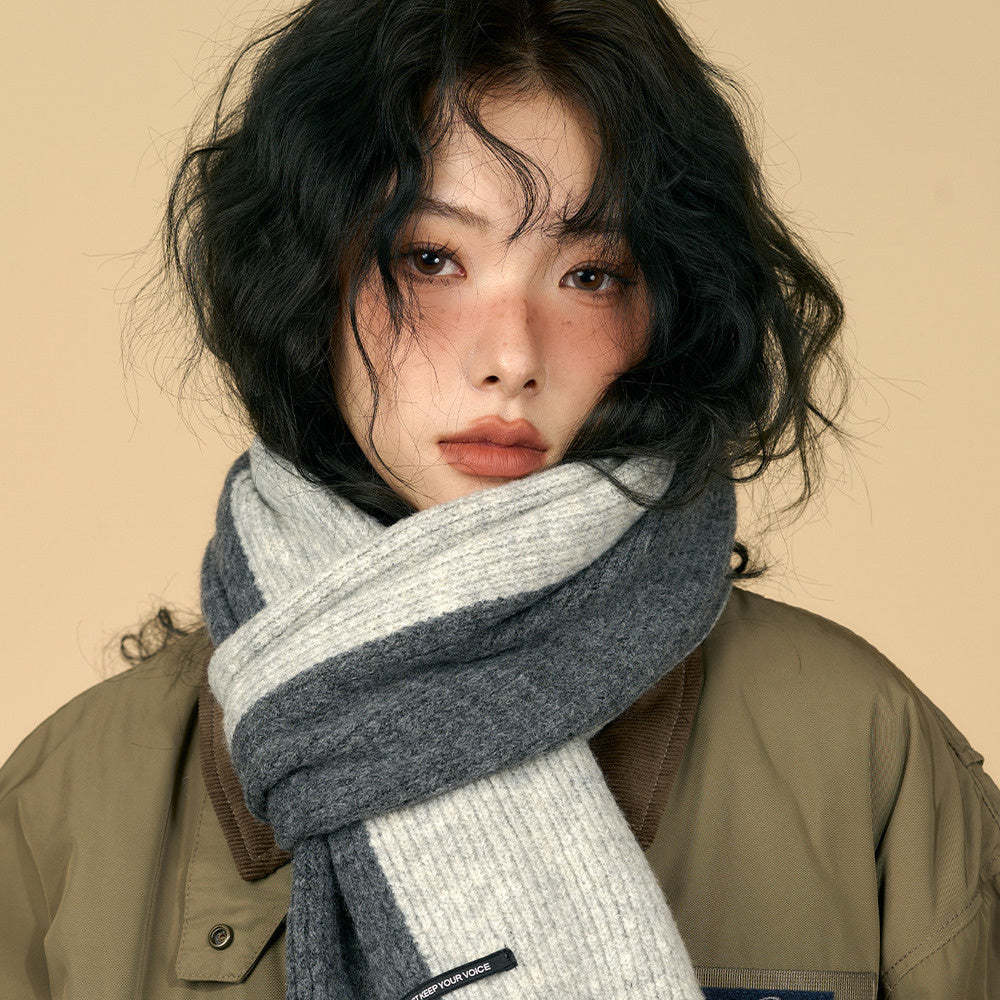 含羊毛拼色圍巾女冬季復古深灰色保暖加厚針織毛線高級感圍脖