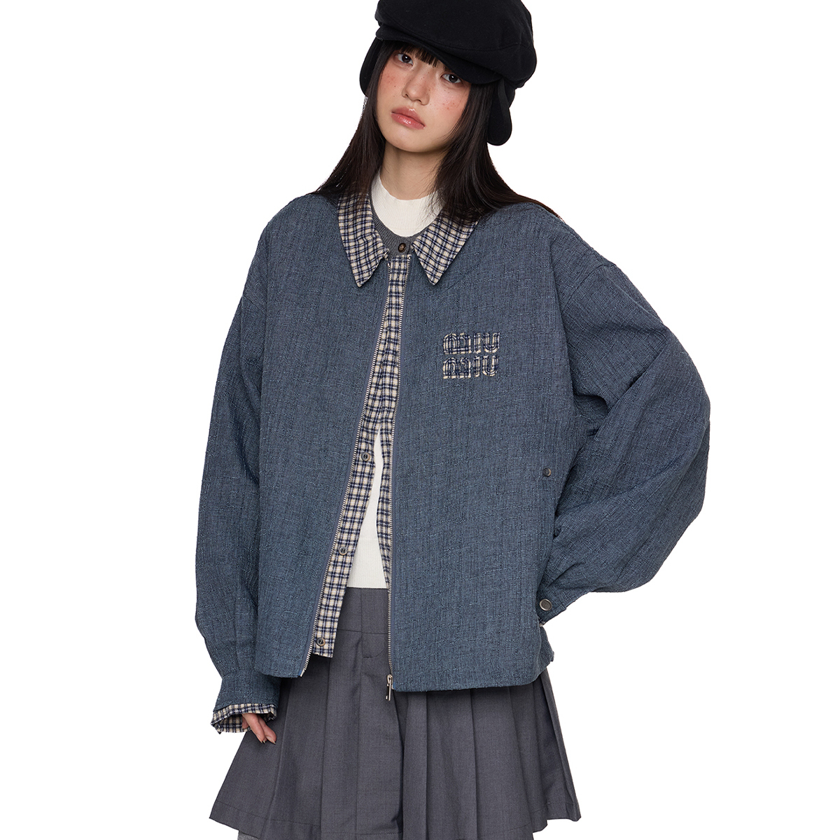 刺繡格子拼接翻領竹節布夾克外套女秋新款休閒寬鬆百搭上衣