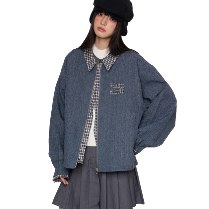 刺繡格子拼接翻領竹節布夾克外套女秋新款休閒寬鬆百搭上衣