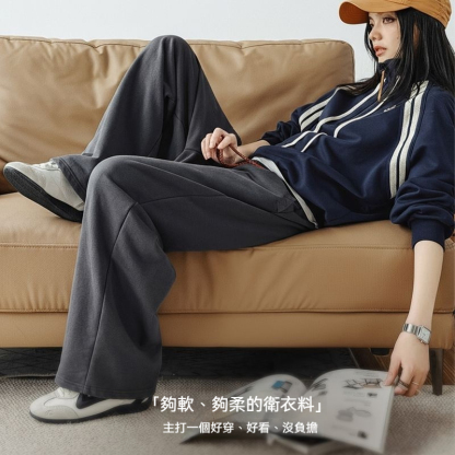 深灰色針織闊腿直筒垂感抽繩衛褲寬鬆休閒香蕉長褲子女士秋冬