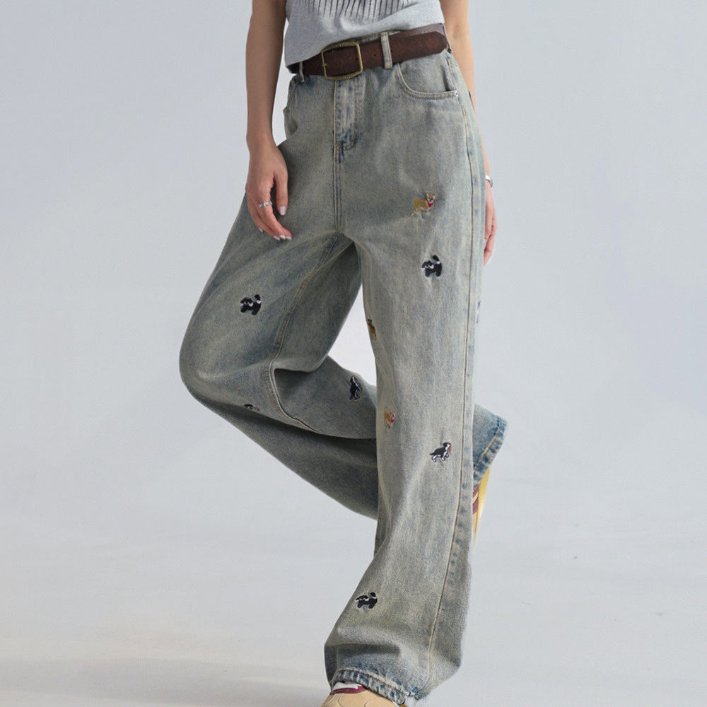 童趣小狗刺繡牛仔褲女闊腿寬鬆拖地褲高腰顯瘦直筒褲