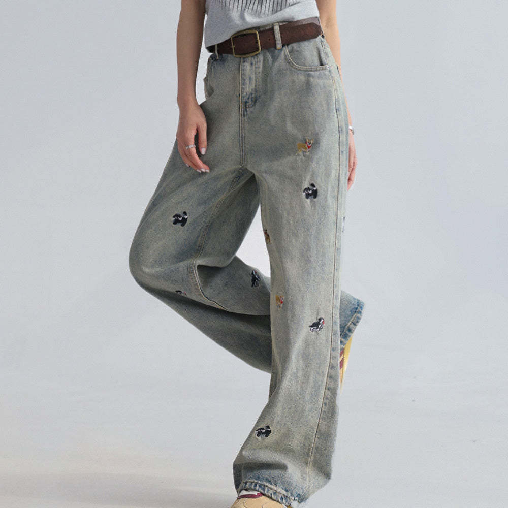 童趣小狗刺繡牛仔褲女闊腿寬鬆拖地褲高腰顯瘦直筒褲