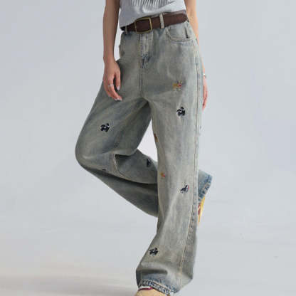 童趣小狗刺繡牛仔褲女闊腿寬鬆拖地褲高腰顯瘦直筒褲