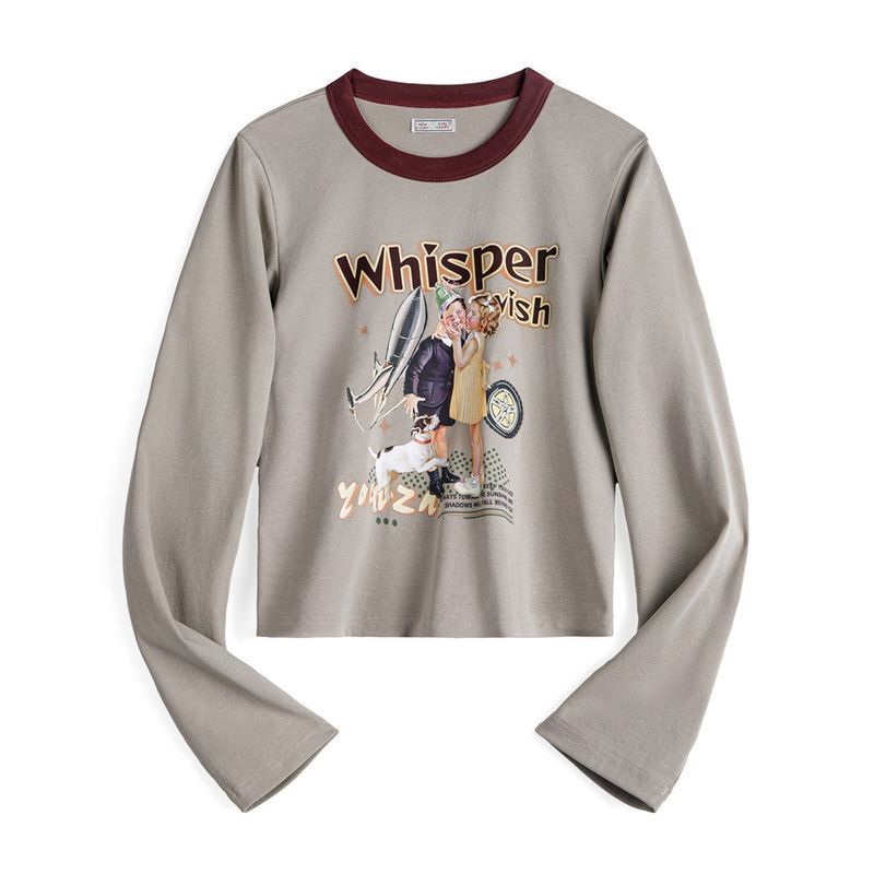 復古插畫滾邊Ringer T恤卡其綠美式機車印花長袖上衣春秋女