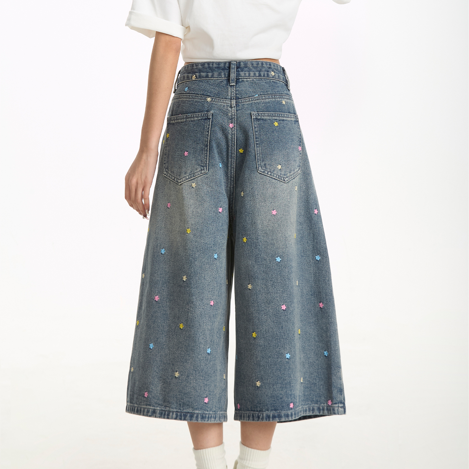 夏季藍色七分褲女美式復古做舊水洗寬鬆休閒顯瘦牛仔短褲