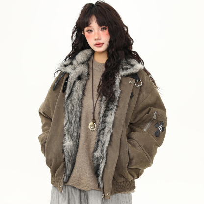 毛領座山雕棉服外套女美式潮牌高級感加厚冬季棉衣新款