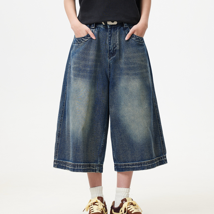 夏季美式復古水洗重磅七分牛仔褲女寬鬆闊腿潮牌短褲子