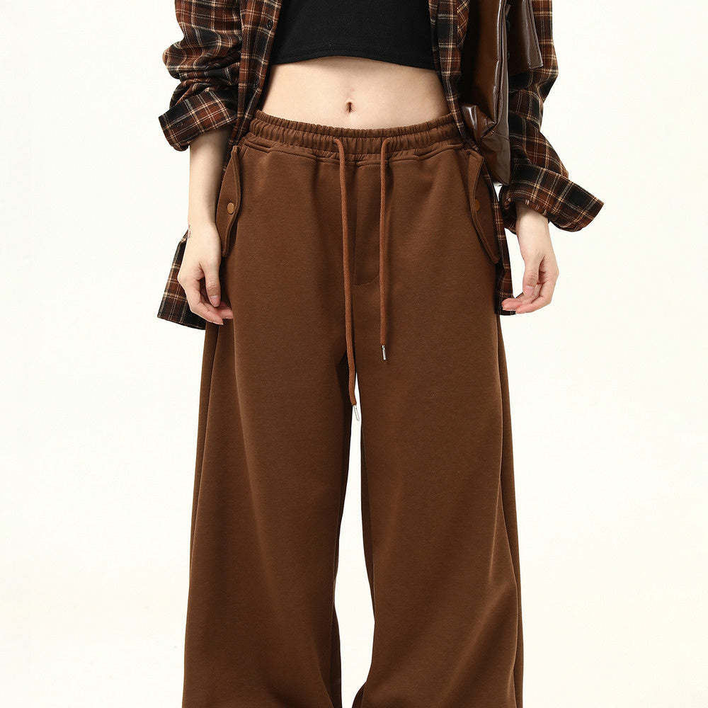 美拉德深棕色休閒褲女美式復古寬鬆直筒垂感闊腿衛褲子