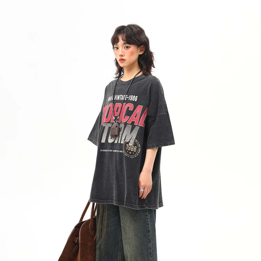 260G水洗重磅美式復古印花短袖T恤女夏季百搭中性上衣