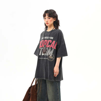 260G水洗重磅美式復古印花短袖T恤女夏季百搭中性上衣