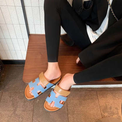 真皮魔術貼休閒厚底H拖鞋女涼拖外穿夏