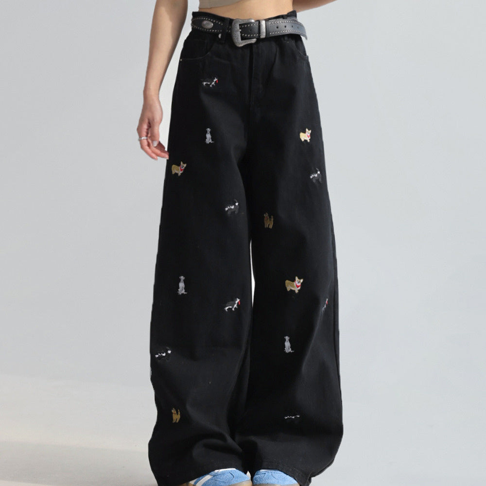 童趣小狗刺繡牛仔褲女闊腿寬鬆拖地褲高腰顯瘦直筒褲