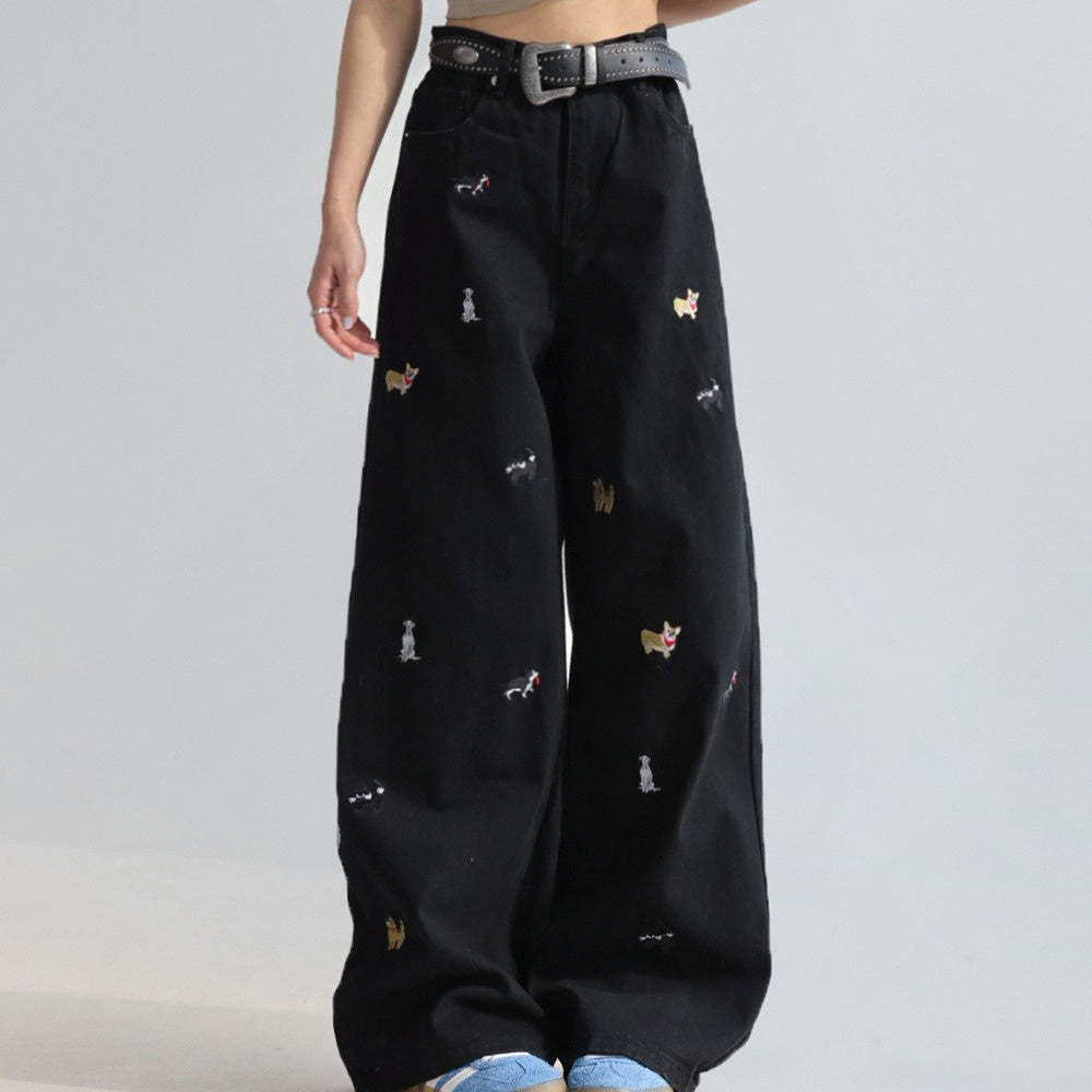 童趣小狗刺繡牛仔褲女闊腿寬鬆拖地褲高腰顯瘦直筒褲