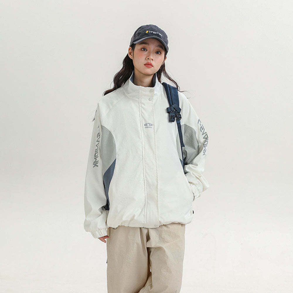 撞色拼接運動外套女春秋2025新款寬鬆設計感休閒立領夾克上衣