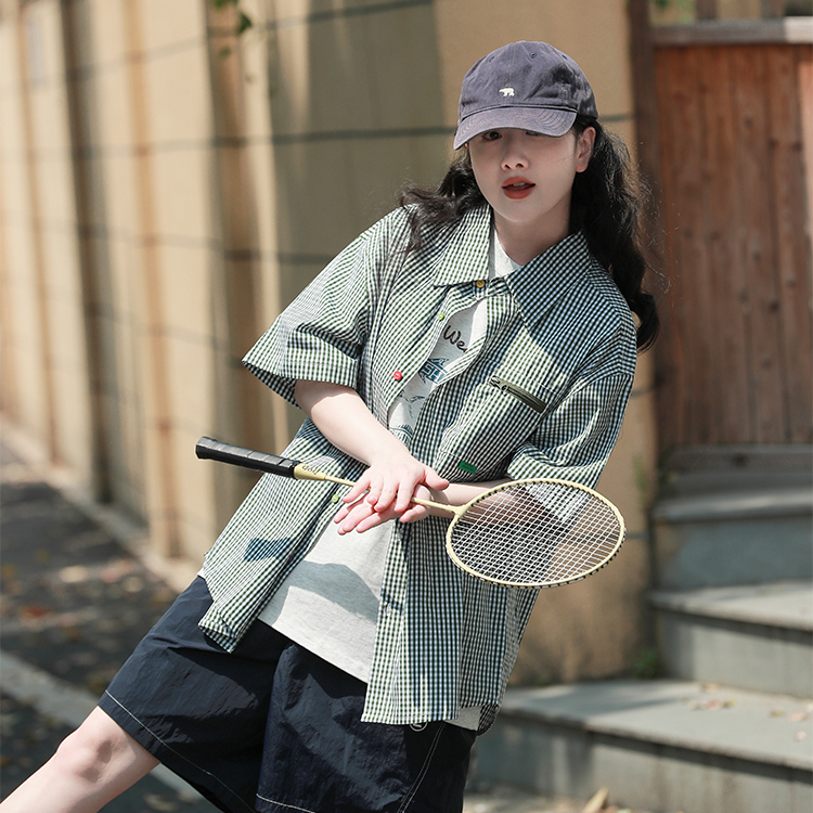 日系復古格子撞色五分袖襯衫女純棉寬鬆工裝休閒短袖襯衣
