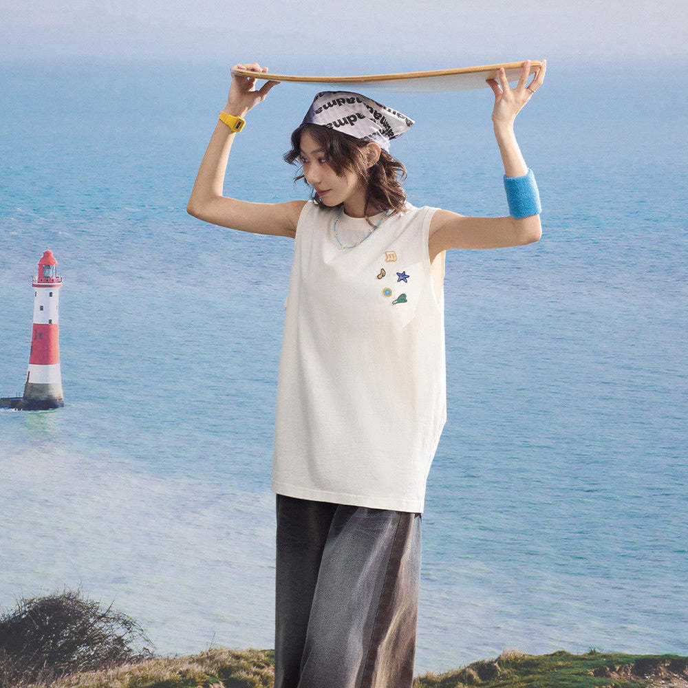 日系寬鬆無袖繡章裝潢雙紗面料原創純棉休閒背心女夏