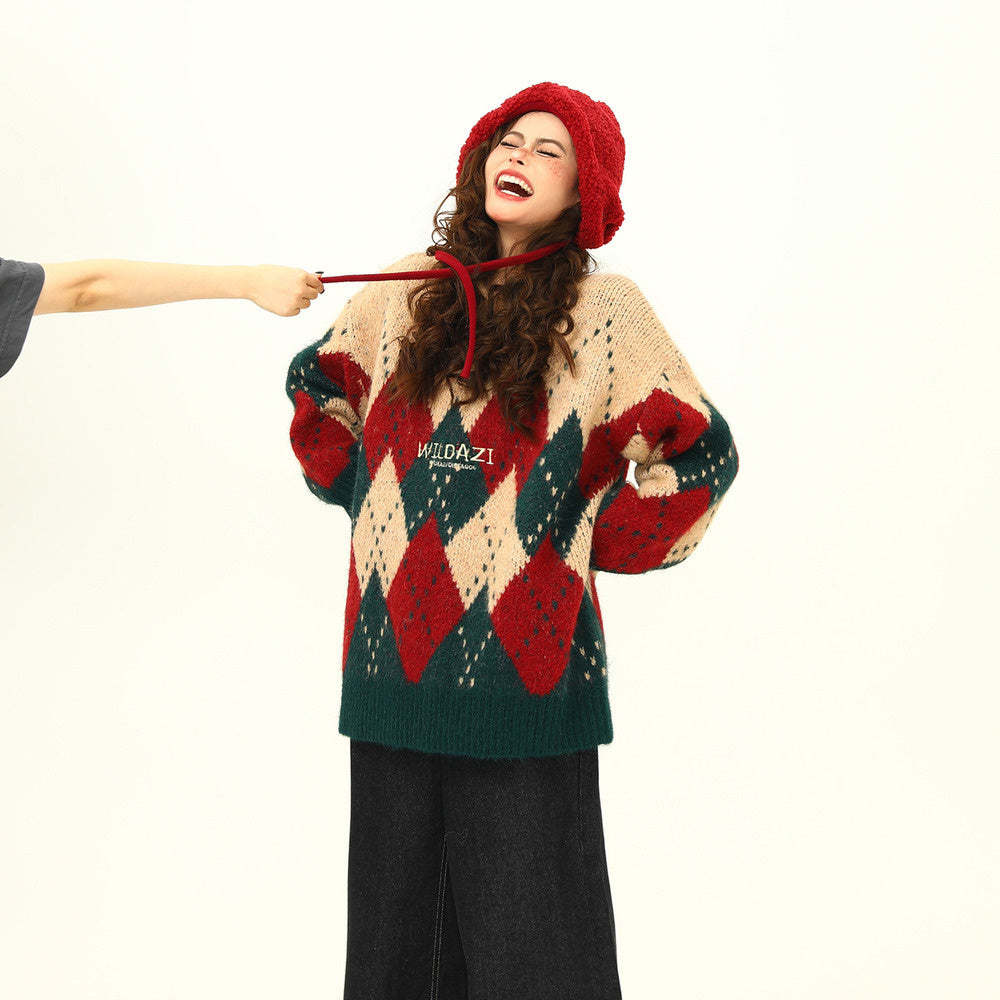 冬季復古氛圍感聖誕毛衣女寬鬆慵懶風針織衫上衣