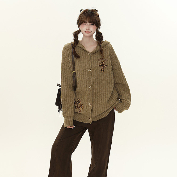 美式復古字母刺繡連帽毛衣外套女秋季寬鬆顯瘦針織開衫