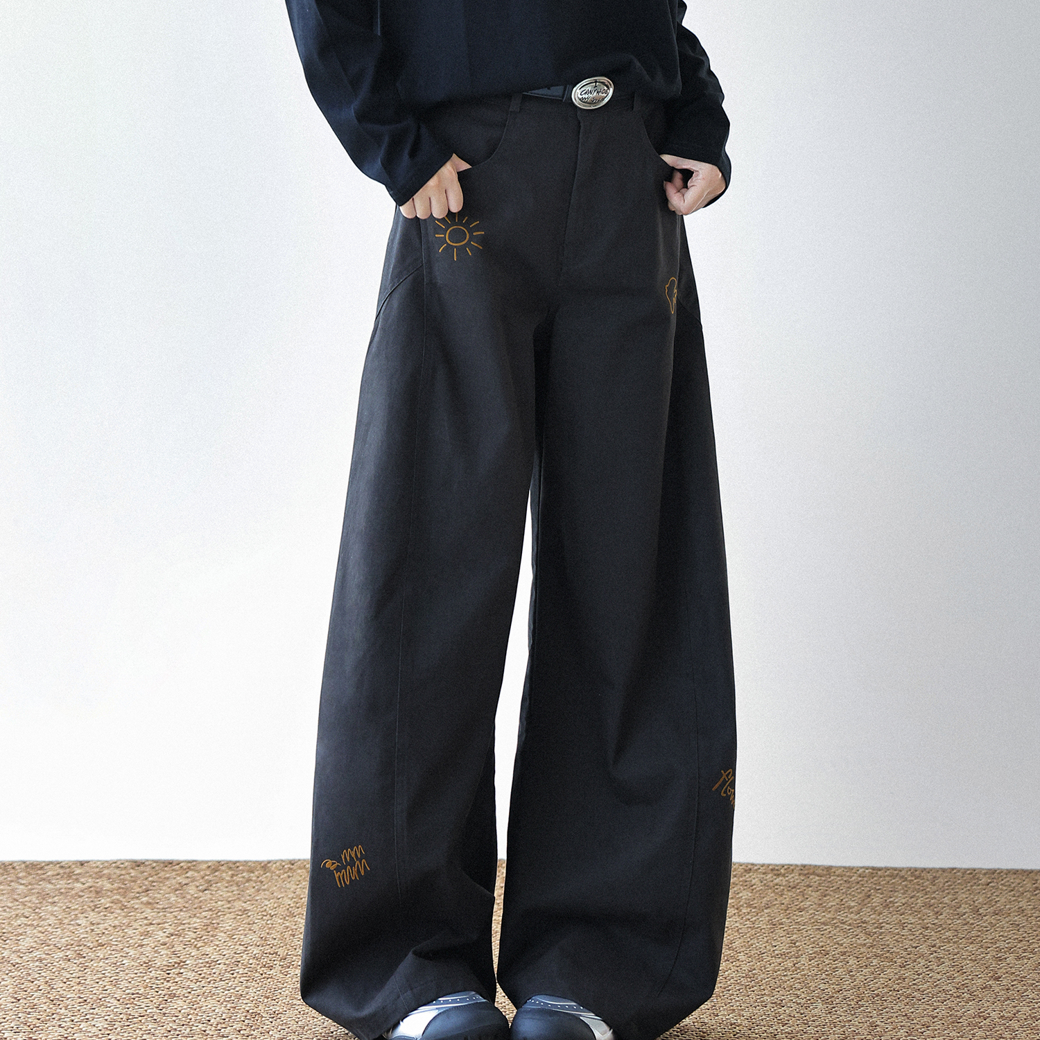 卡通印花闊腿褲女2025新款純棉水洗彎刀褲寬鬆休閒褲